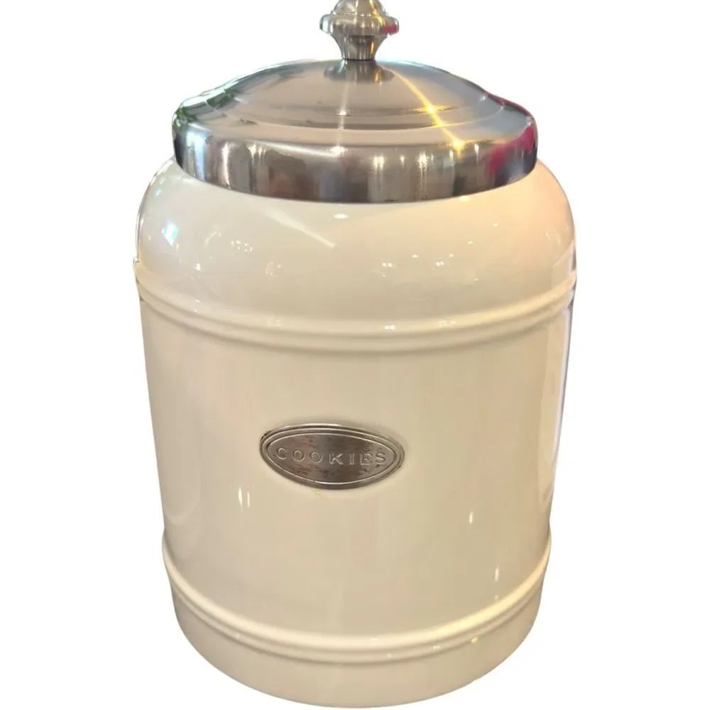Williams Sonoma White Round Cookie Jar with Stainless Steel Lid. Discontinued.